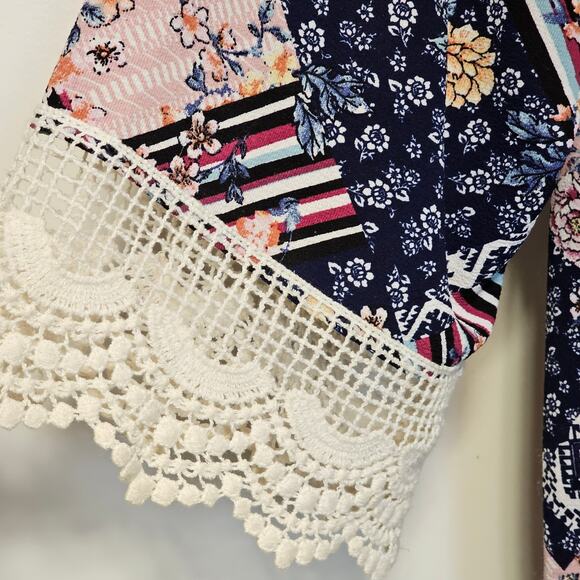 Wrangler Boho Western Patchwork Cardigan-Lace Trim, Open Front, Lightweight, Lg - Picture 3 of 7